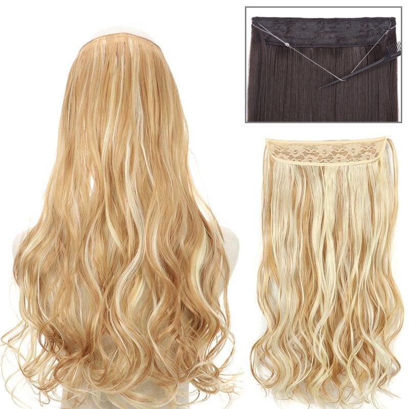 Versatile Wavy Synthetic Hair Extensions - Invisible Fish Line, Mixed Blonde and Black, Heat Resistant