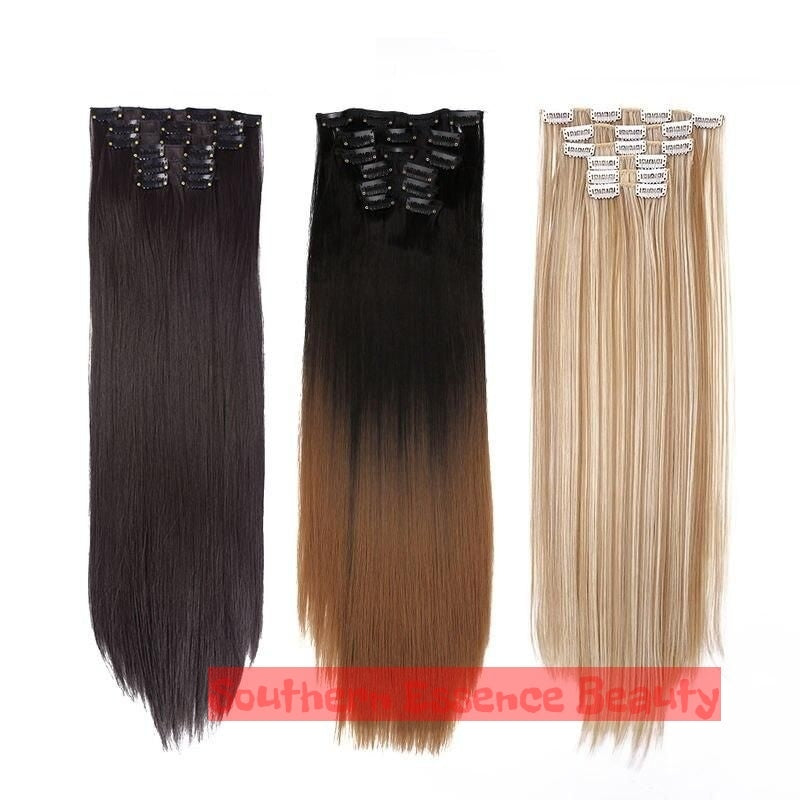 22-Inch Clip-On Synthetic Hair Extensions – Ombre, Curly, and Straight Styles with Heat-Resistant Fibers