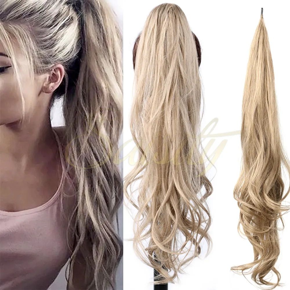 32inch Ombre Curly Clip-In Ponytail Extension, Synthetic Blonde Hairpiece for Daily Wear