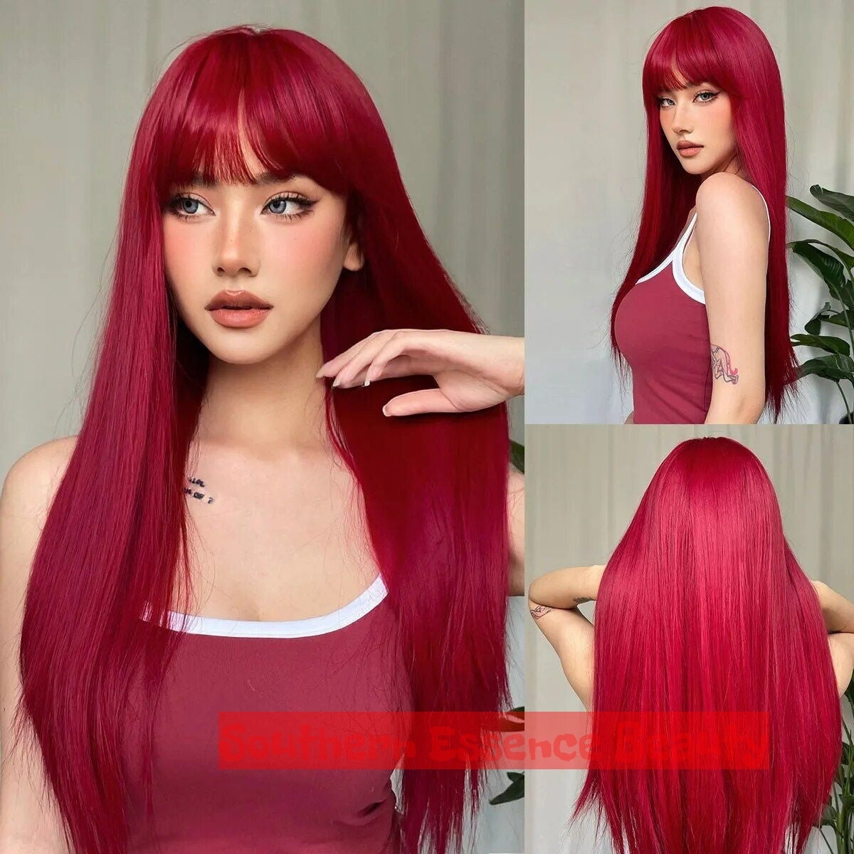 Wine Red Long Straight Synthetic Wig with Bangs - Heat Resistant, Perfect for Cosplay & Daily Wear