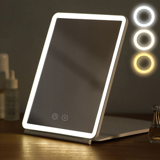 Touch Screen LED Makeup Mirror - Foldable, 3-Color Lighting, USB Rechargeable