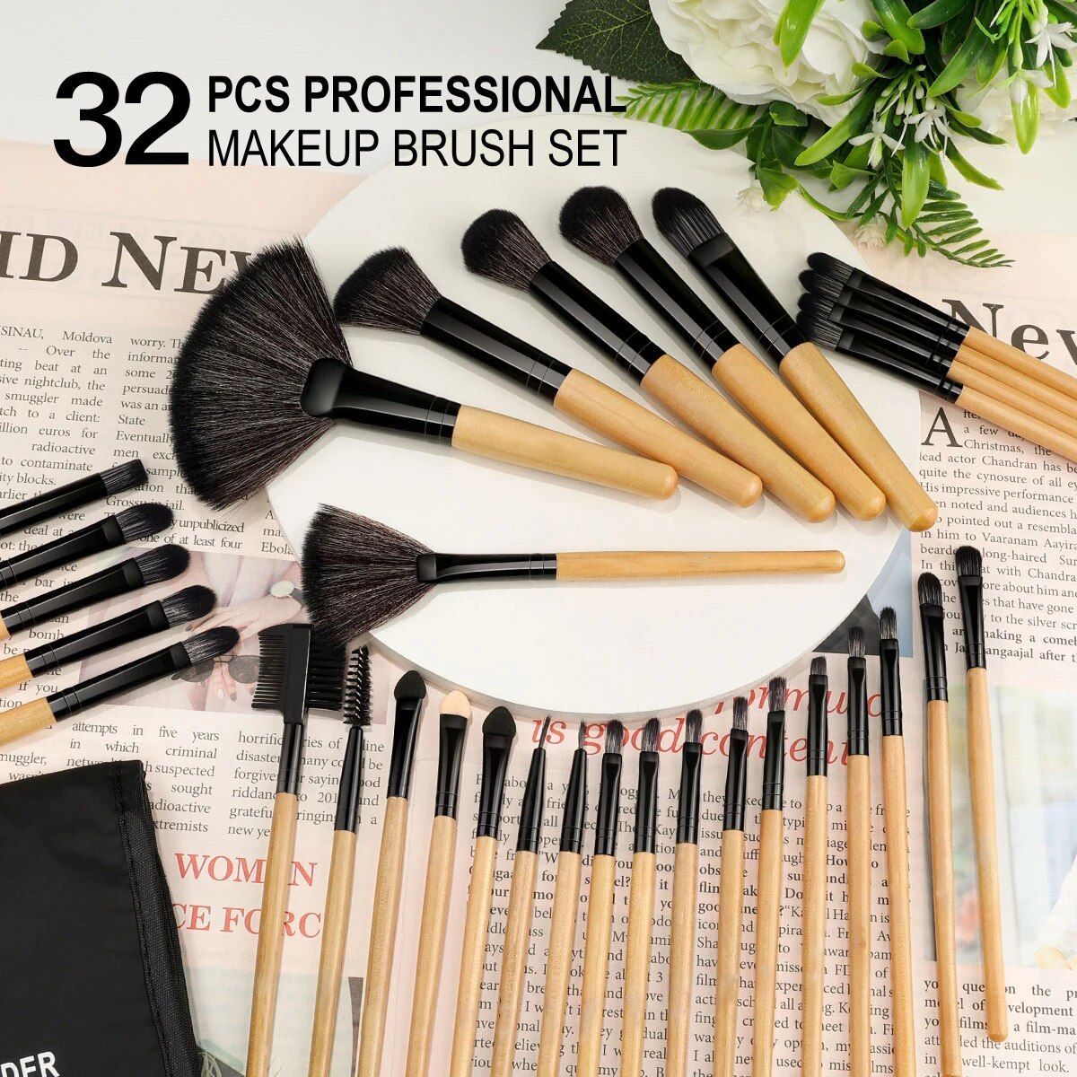 32-Piece Natural Hair Makeup Brush Set with Premium Wooden Handles