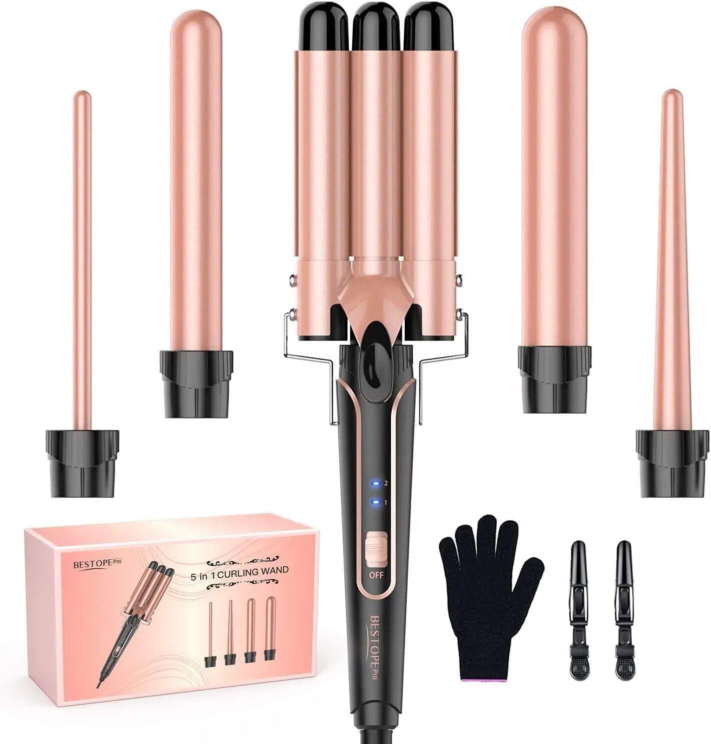 5-in-1 Multi-Function Curling Wand with 3-Barrel Crimper & Fast Heating