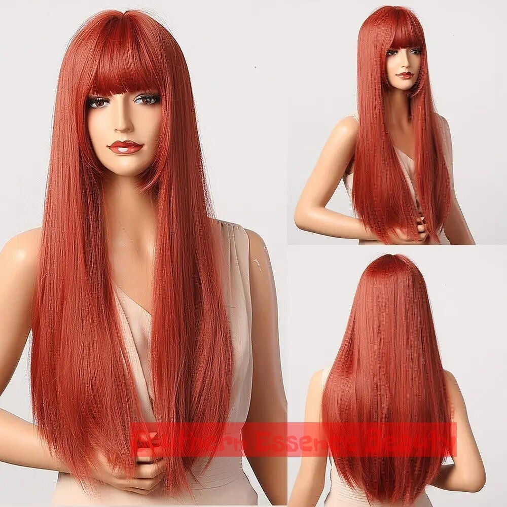 Wine Red Long Straight Synthetic Wig with Bangs - Heat Resistant, Perfect for Cosplay & Daily Wear